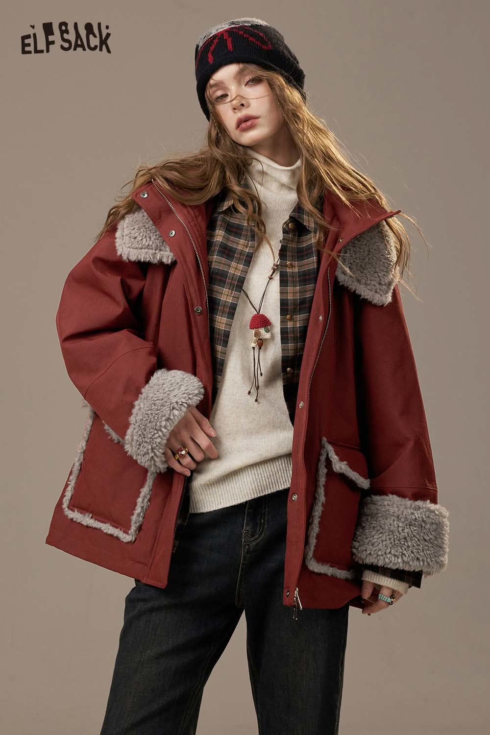 ELFSACK women's plush puffer jacket with stylish fur trim and cozy fit for winter warmth