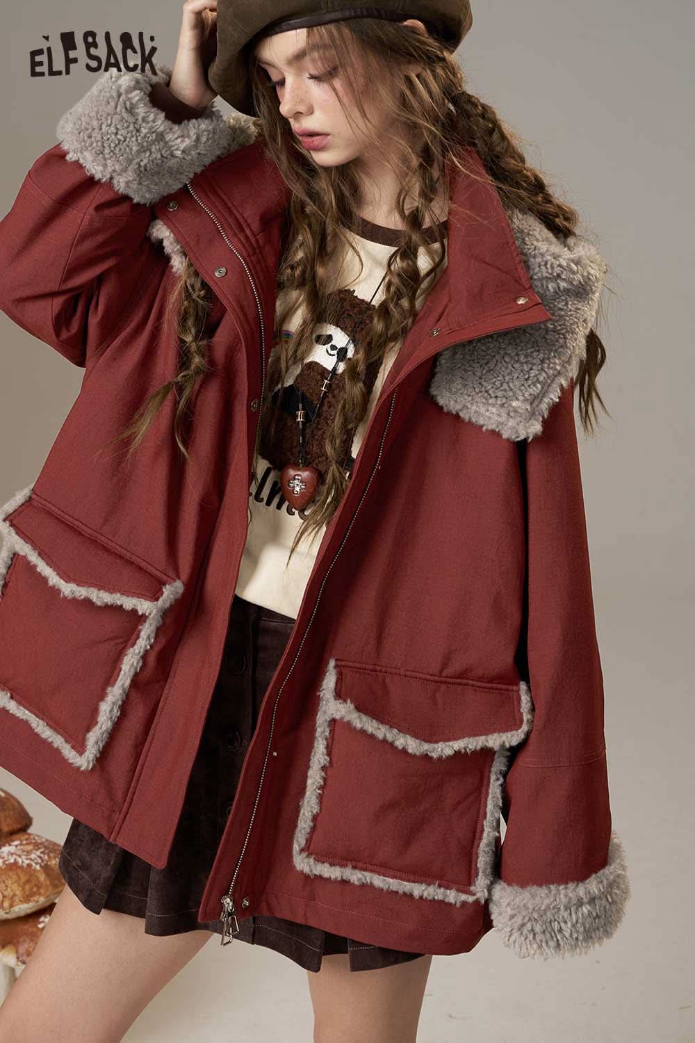 ELFSACK women's plush puffer jacket in red with faux fur trim and oversized pockets for warmth and style