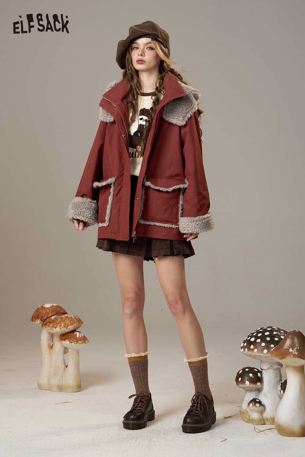 ELFSACK women's plush puffer jacket in burgundy with fur trim and oversized fit for stylish winter wear