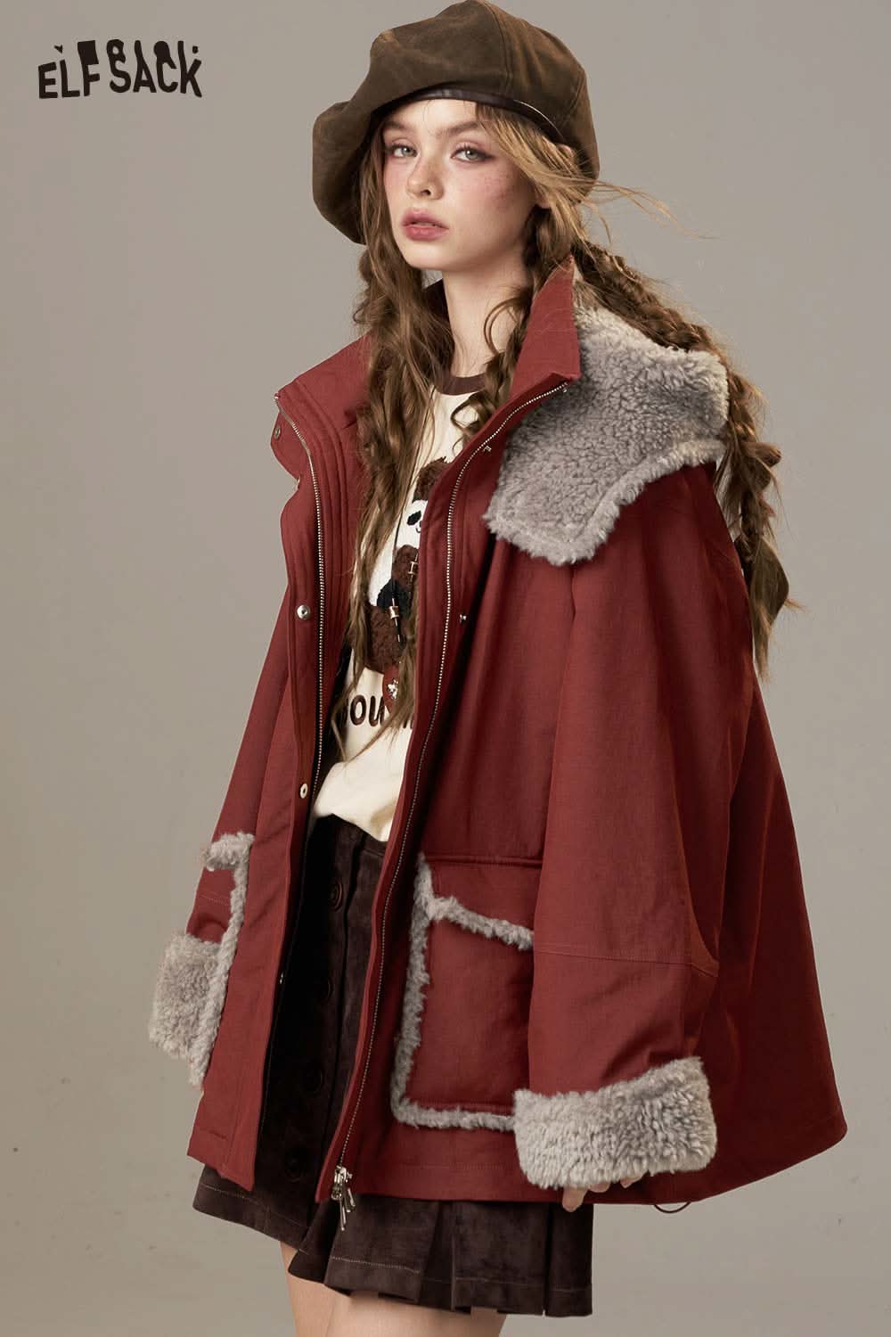 ELFSACK women's plush puffer jacket in rust color with faux fur trim for warmth and style
