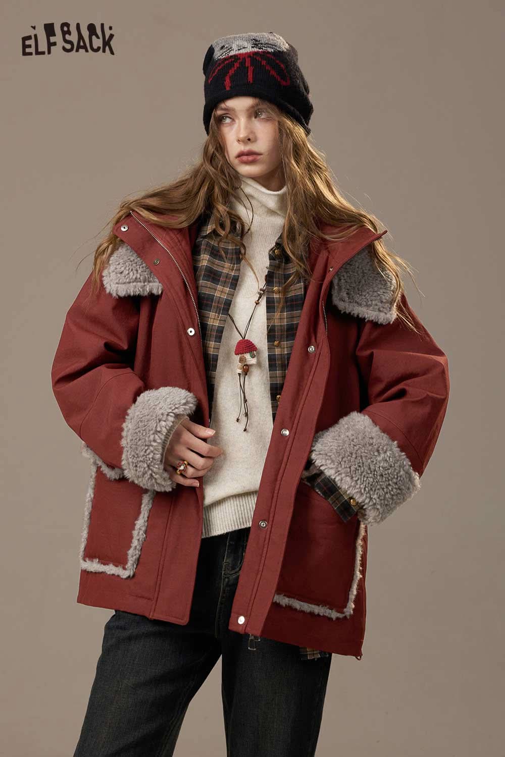ELFSACK women's plush puffer jacket in rust with fuzzy trim and oversized fit for cozy winter style
