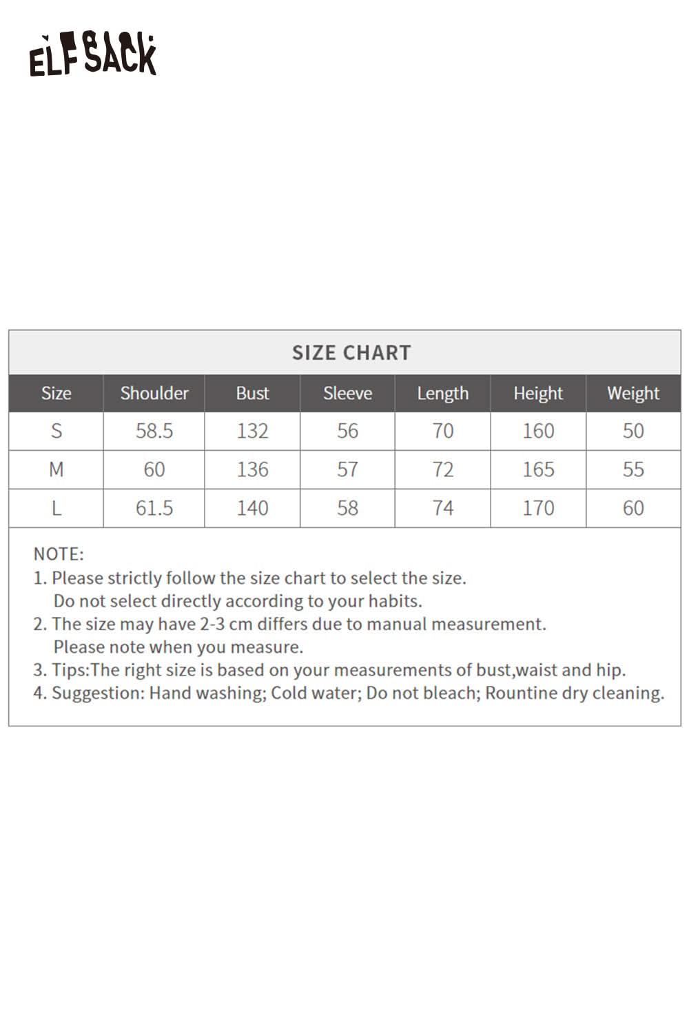 ELFSACK women's plush puffer jacket size chart with measurements for S, M, and L sizes