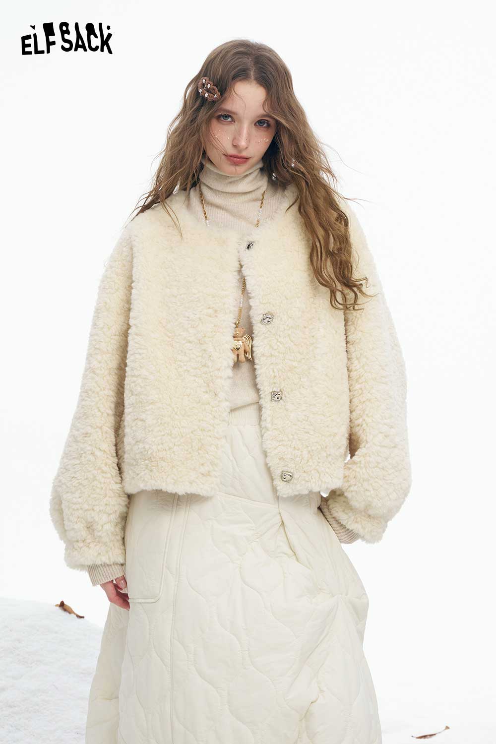 ELFSACK women's plush short coat in cream with a cozy fluffy texture and oversized fit