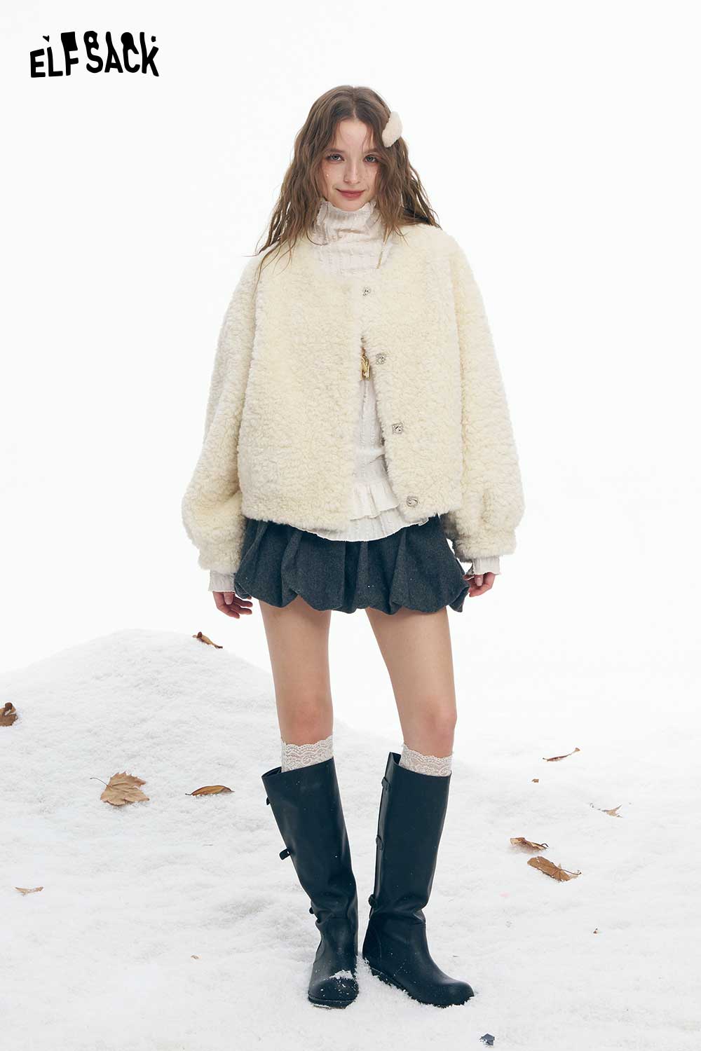 ELFSACK women's plush short coat in cream color with oversized fit and button closure, styled for winter fashion