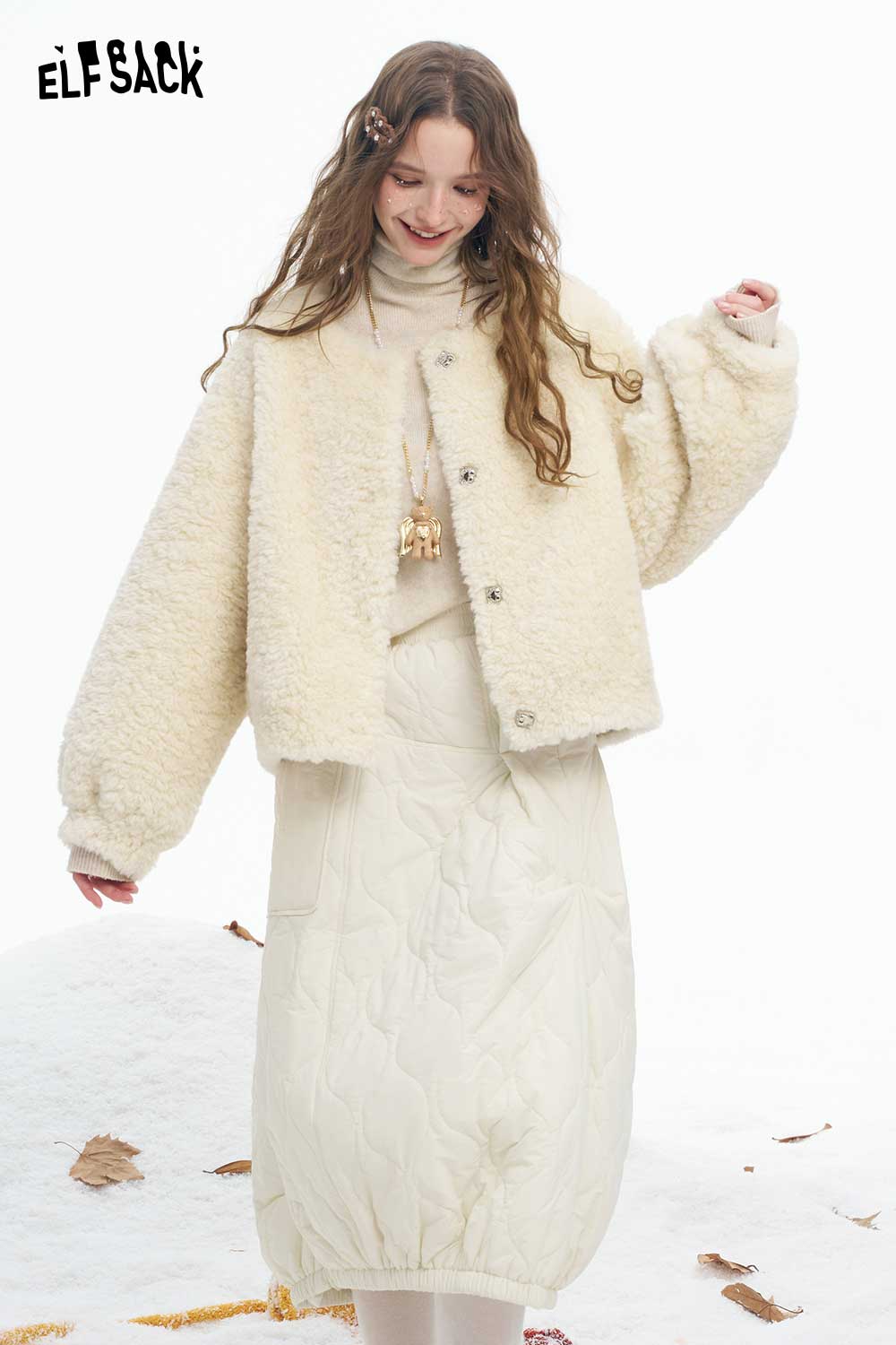 ELFSACK women's plush short coat in cream for stylish winter layering and warmth