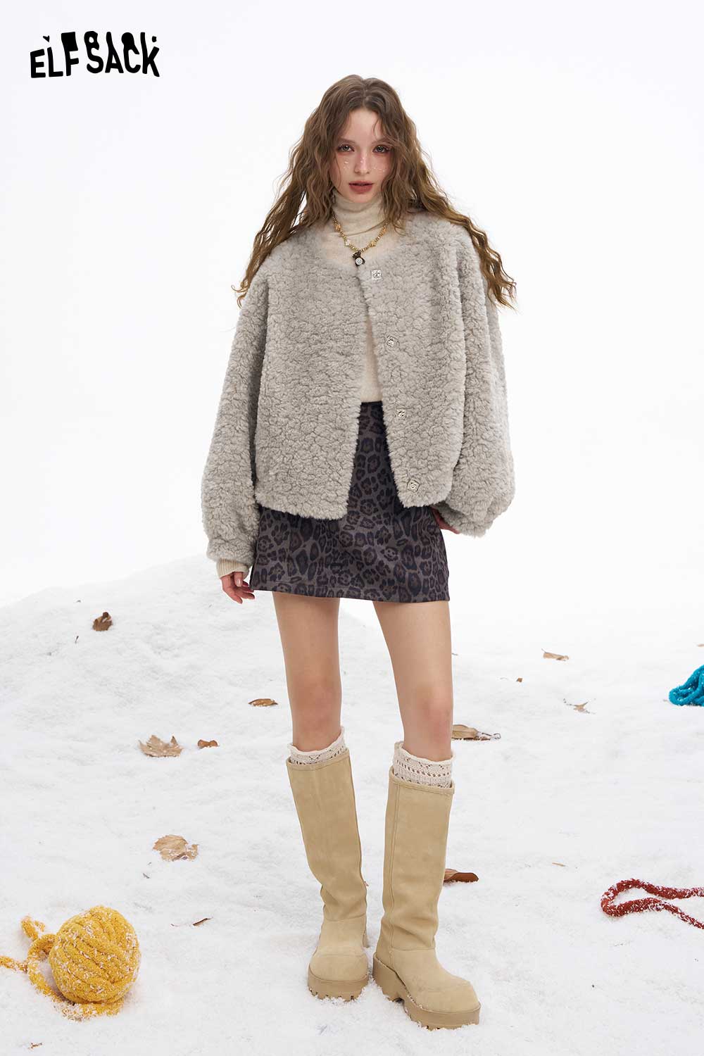 ELFSACK women's plush short coat in gray, styled with a leopard print skirt and knee-high boots