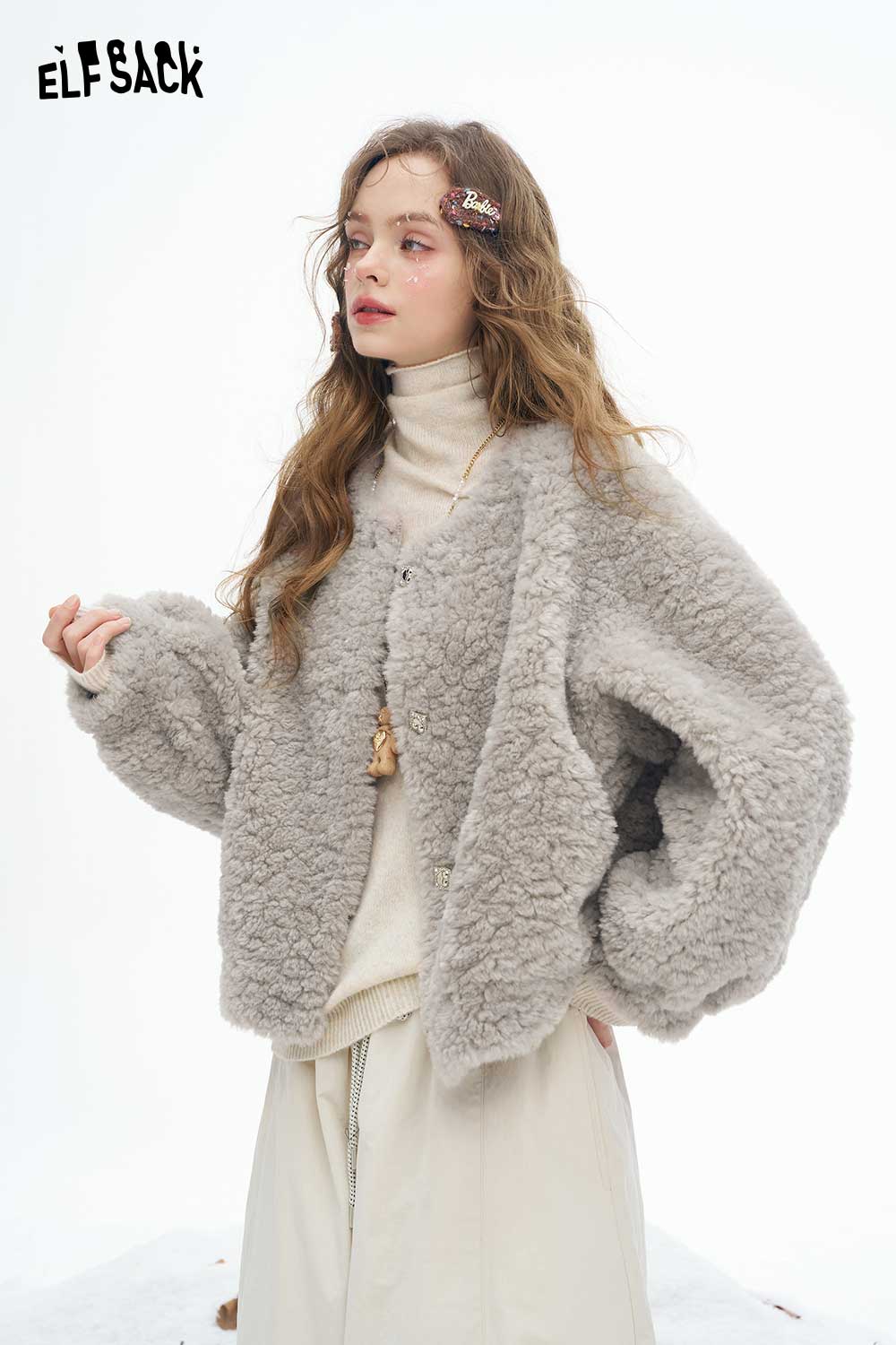 ELFSACK women's plush short coat in light gray, perfect for cozy and stylish cold weather outfits