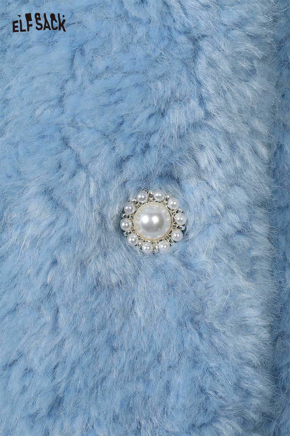 ELFSACK women's plush stand collar coat in soft blue with elegant pearl button detail