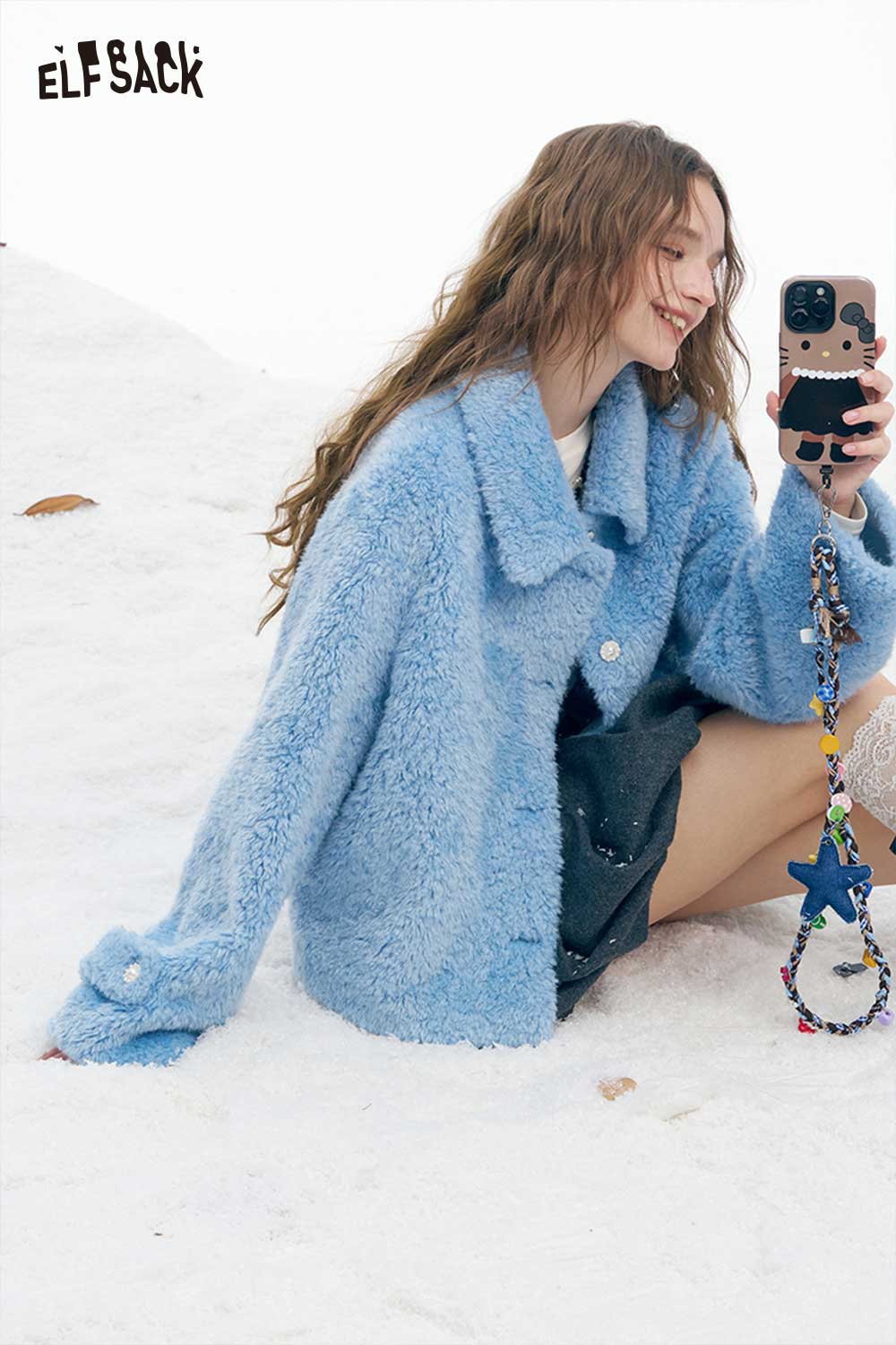 ELFSACK women's plush stand collar coat in soft blue, perfect for winter styling and comfort