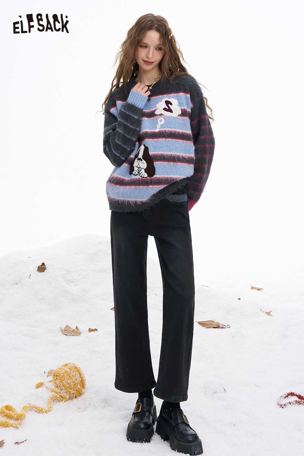 ELFSACK women's plush tapered jeans in black for a stylish and comfortable look