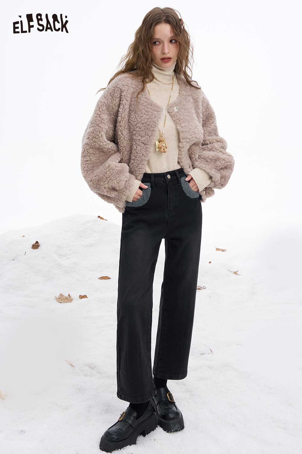 ELFSACK women's plush tapered jeans featured with a cozy sweater and stylish outerwear