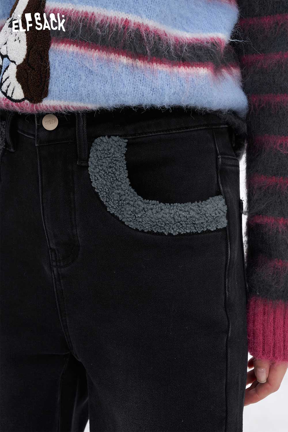 ELFSACK women's plush tapered jeans with unique fuzzy patch detail for a stylish look