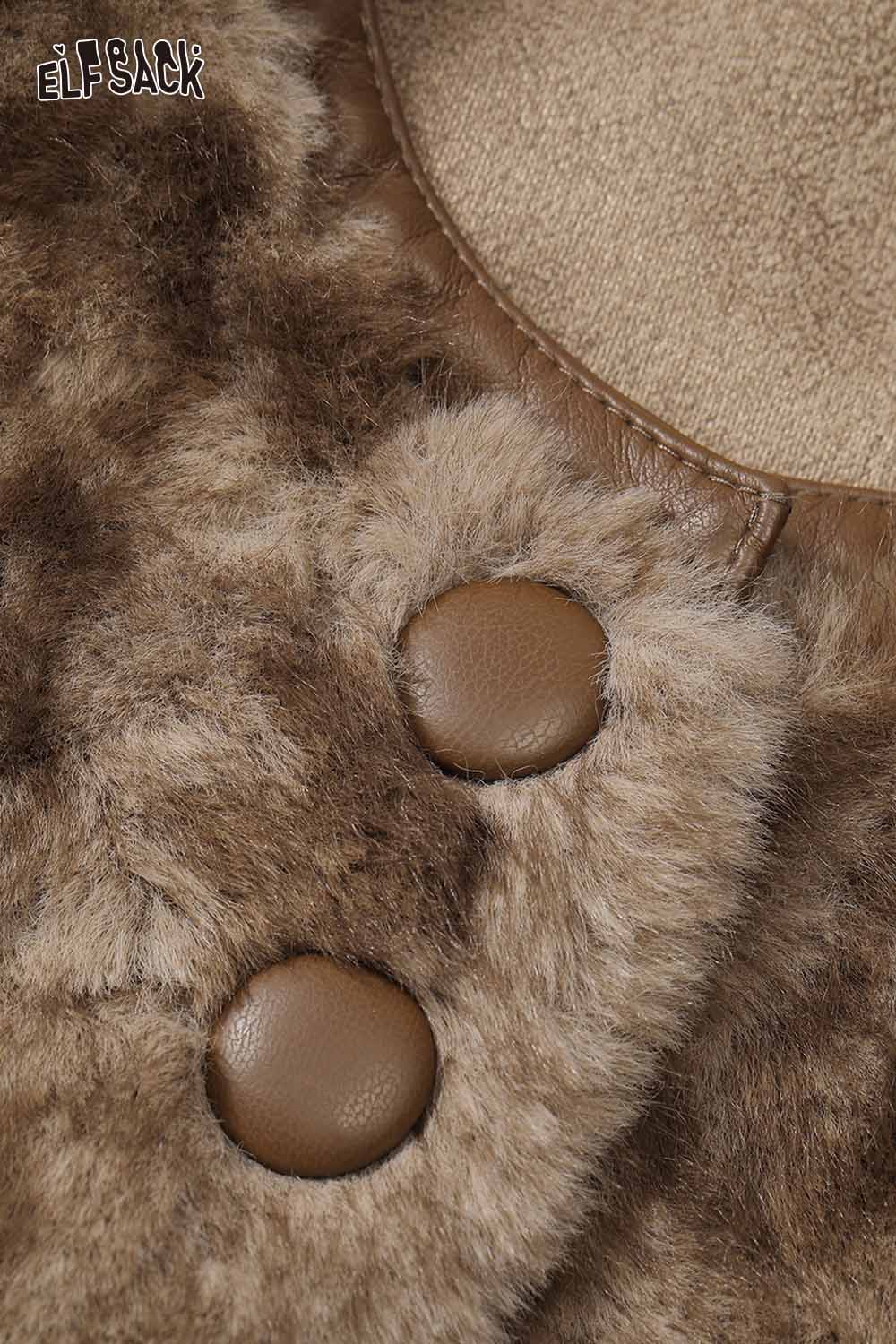 Close-up of ELFSACK women's plush warm coat featuring soft fur texture and stylish buttons