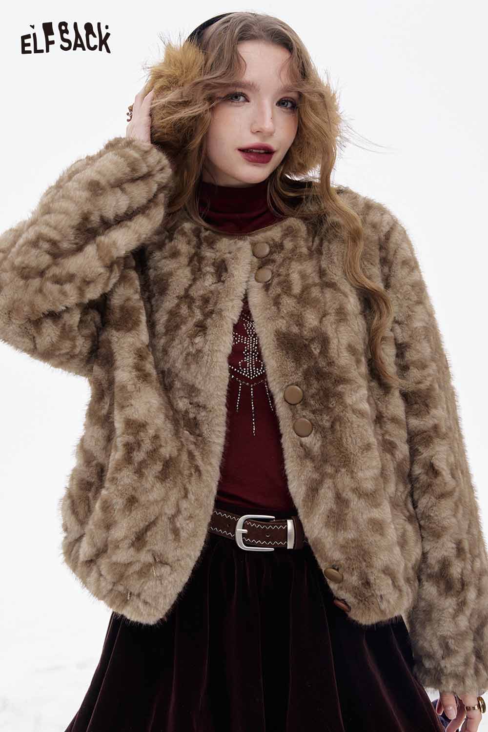 ELFSACK women's plush warm coat in brown with a soft, fluffy texture and stylish button closure