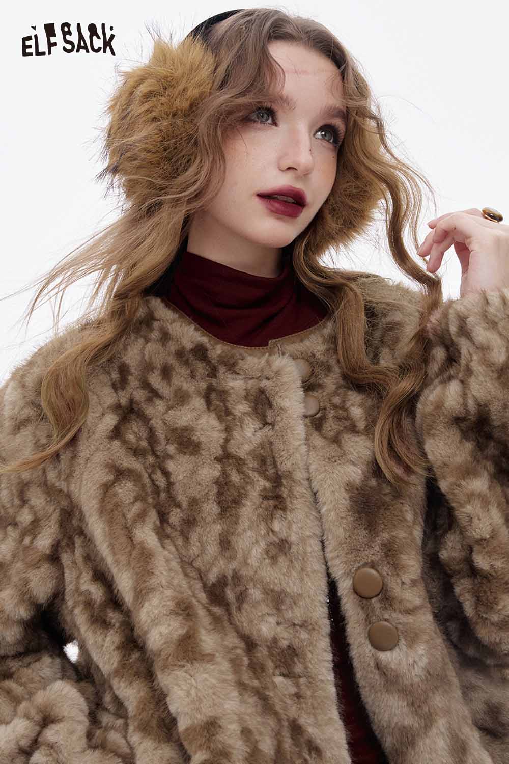 ELFSACK women's plush warm coat in brown with fluffy texture, perfect for stylish winter looks
