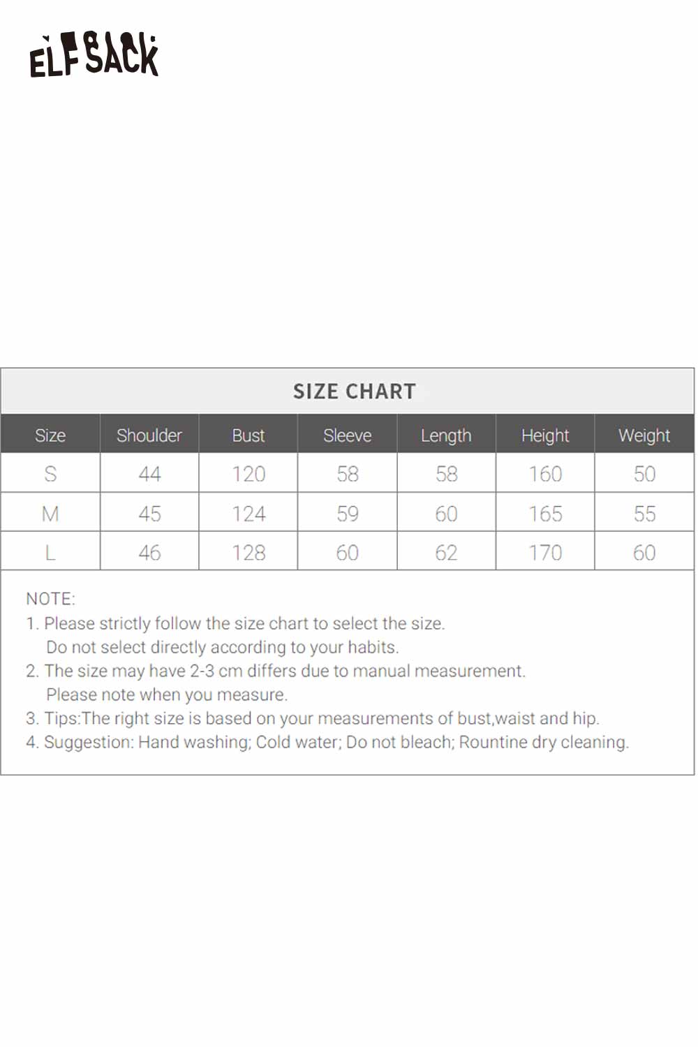 ELFSACK women's plush warm coat size chart with measurements for optimal fit