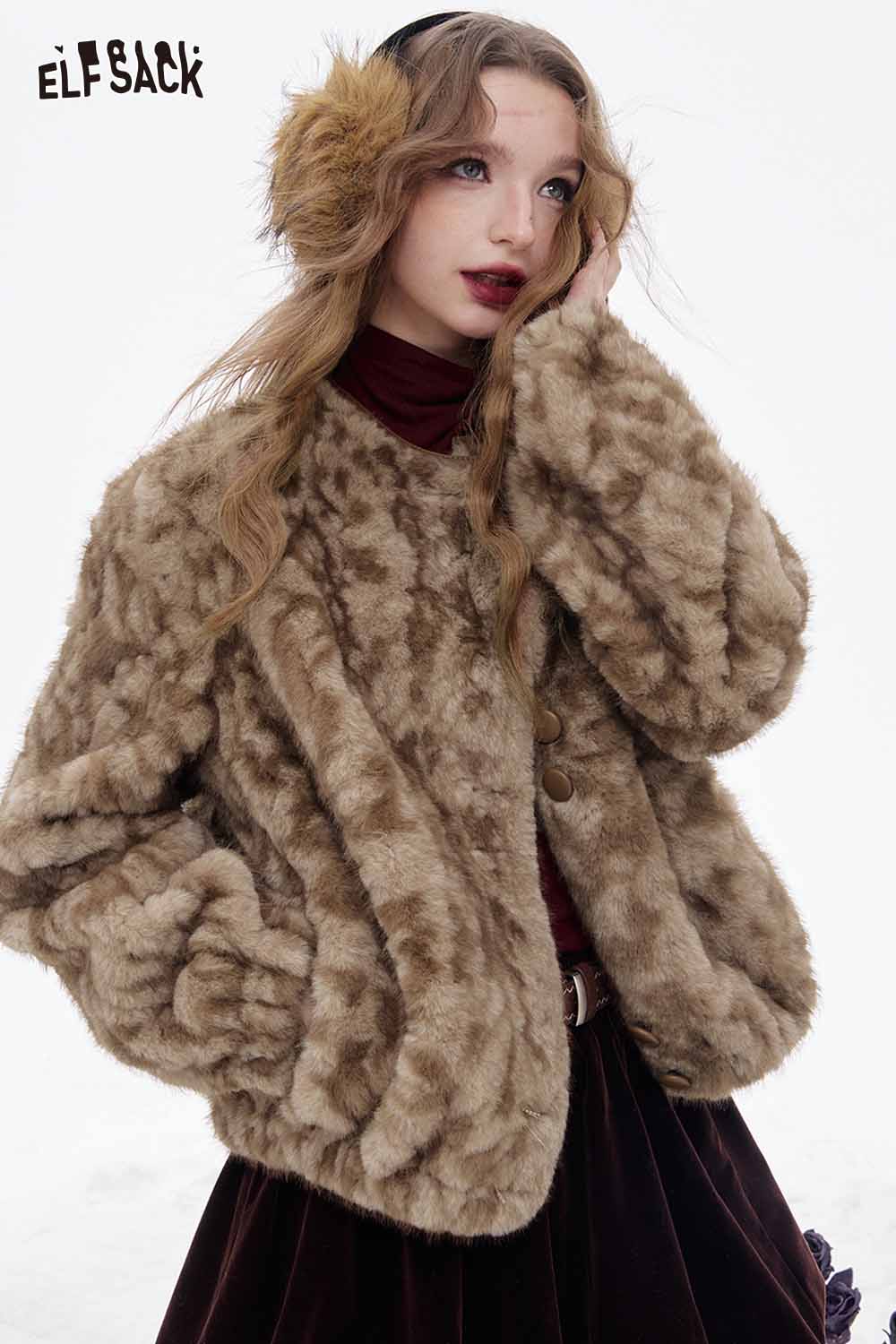 ELFSACK women's plush warm coat in brown with a fluffy texture for stylish winter warmth