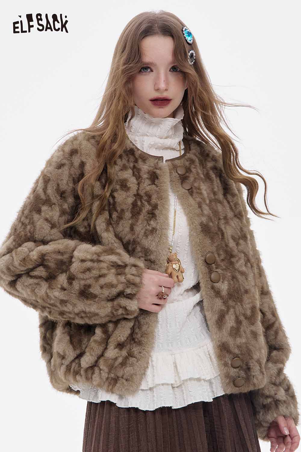 ELFSACK women's plush warm coat in brown, featuring a soft texture and stylish button closure