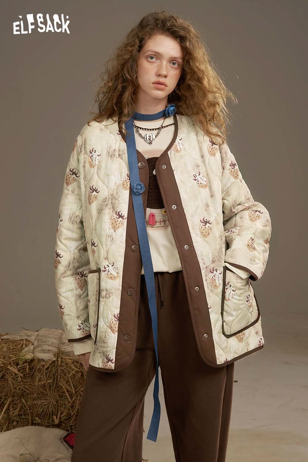 ELFSACK women's printed cotton jacket with floral design and contrasting trim for stylish layering