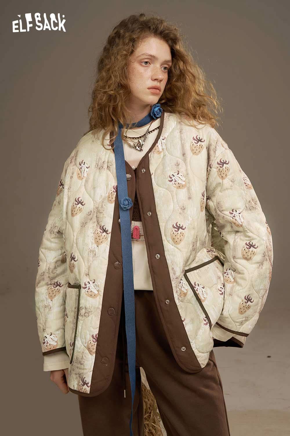 ELFSACK women's printed cotton jacket with floral design and quilted texture for stylish comfort