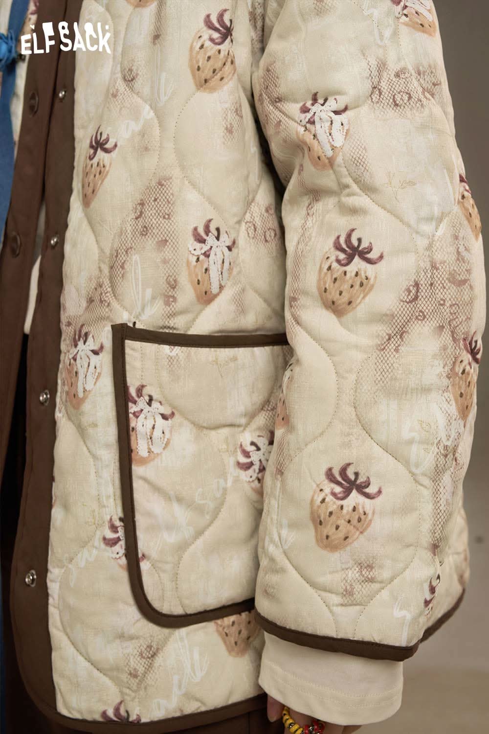 ELFSACK women's printed cotton jacket featuring a quilted design with a strawberry pattern