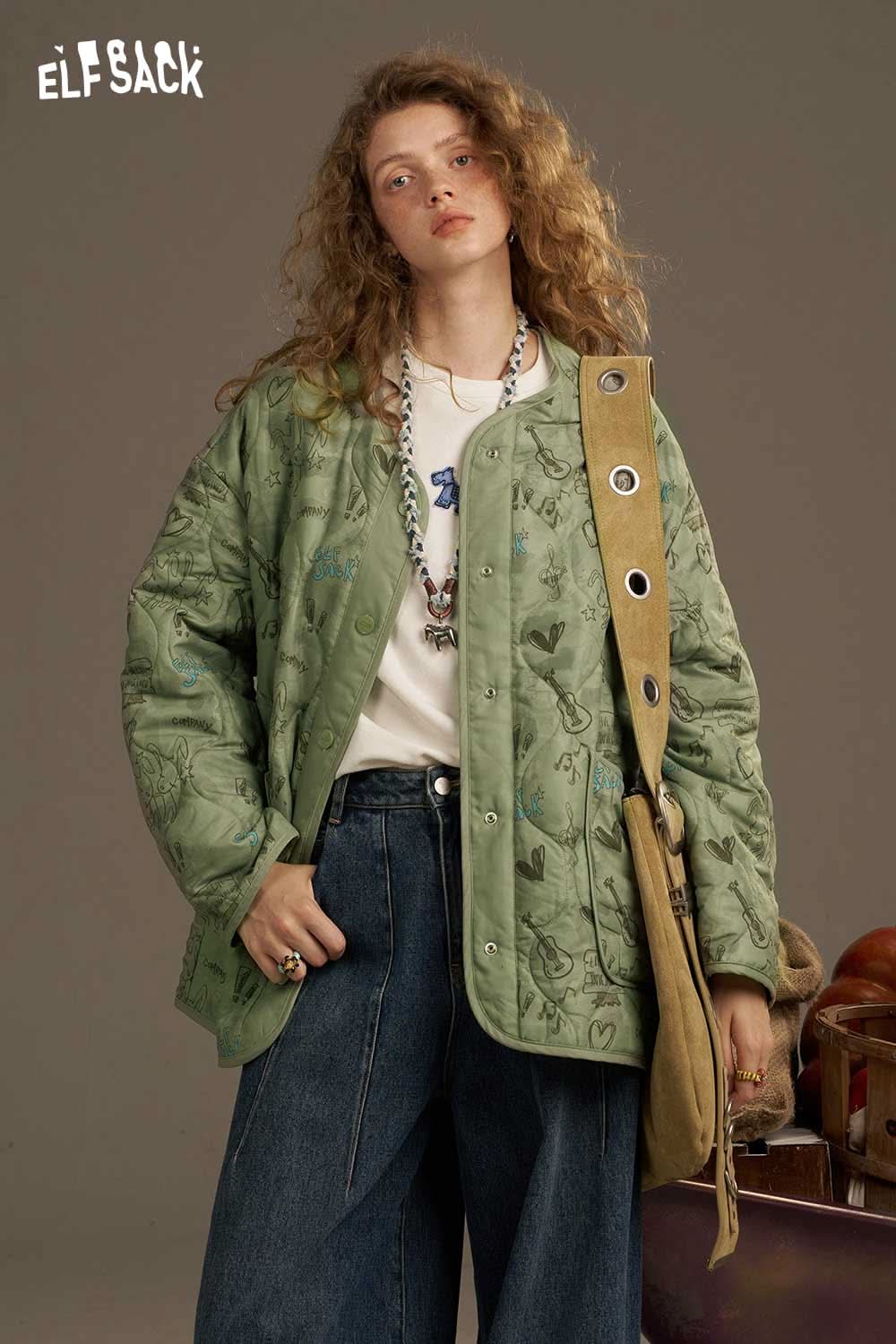 ELFSACK women's printed cotton jacket in green with a quilted design, styled with oversized jeans