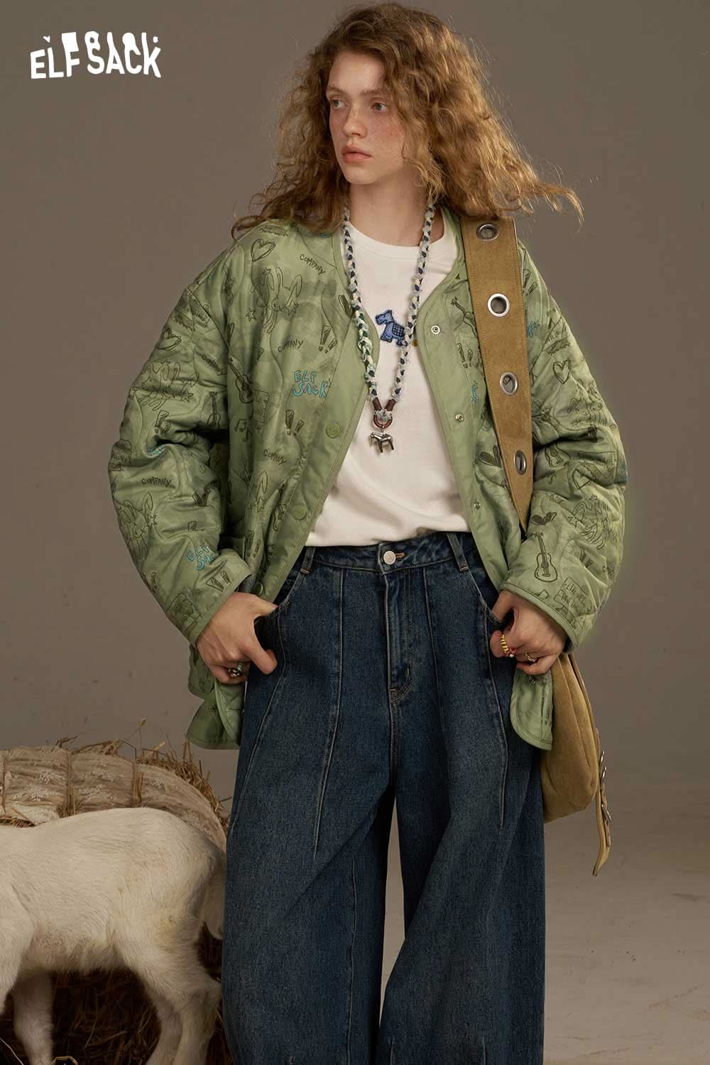 ELFSACK women's printed cotton jacket in green with a quilted texture and stylish design