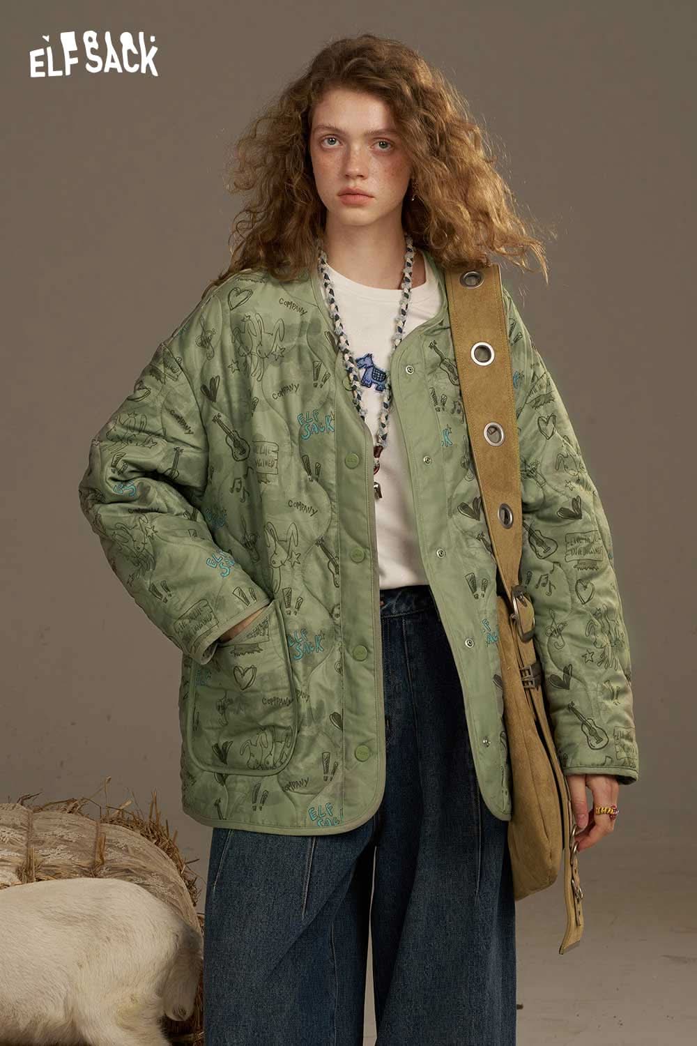ELFSACK women's printed cotton jacket in green with textured design and relaxed fit for casual style