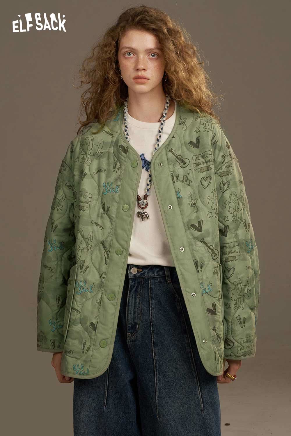 ELFSACK women's printed cotton jacket with unique designs and a relaxed fit for casual style