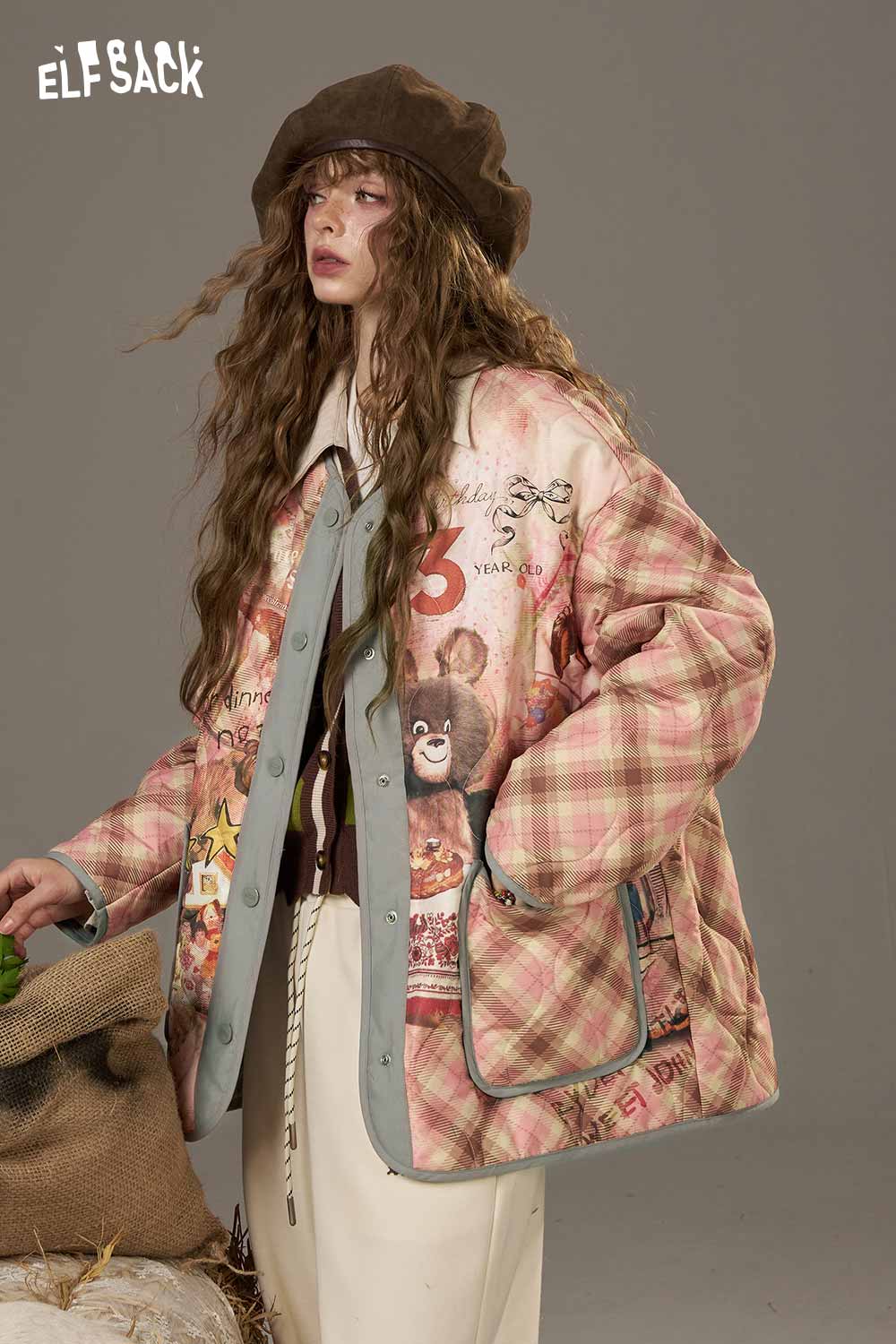 ELFSACK women's printed cotton jacket with unique graphic design and cozy fit, perfect for casual outings