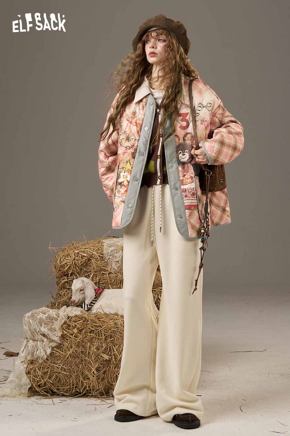 ELFSACK women's printed cotton jacket featuring a colorful design paired with cream wide-leg pants