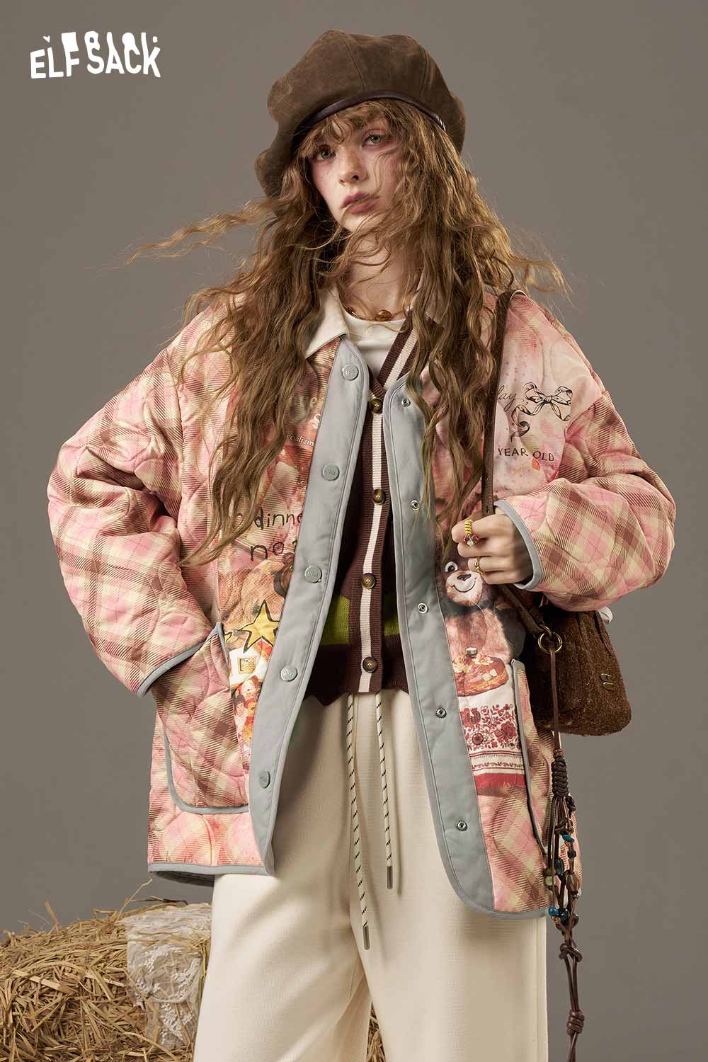 ELFSACK women's printed cotton jacket in plaid pattern, styled with a quirky hat and accessories