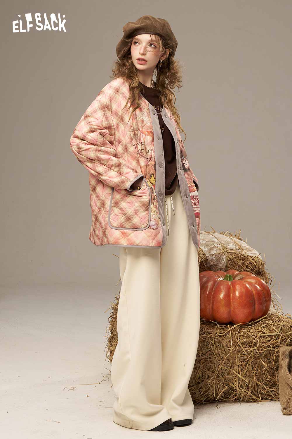 ELFSACK women's printed cotton jacket featuring a stylish plaid design and floral embroidery