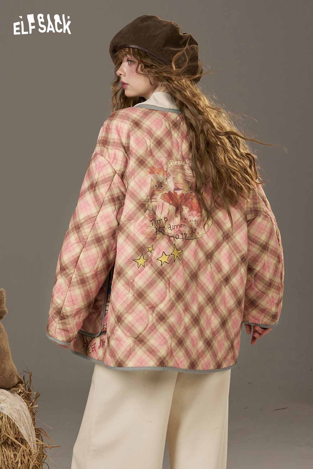 ELFSACK women's printed cotton jacket in pink plaid with stylish back embroidery design