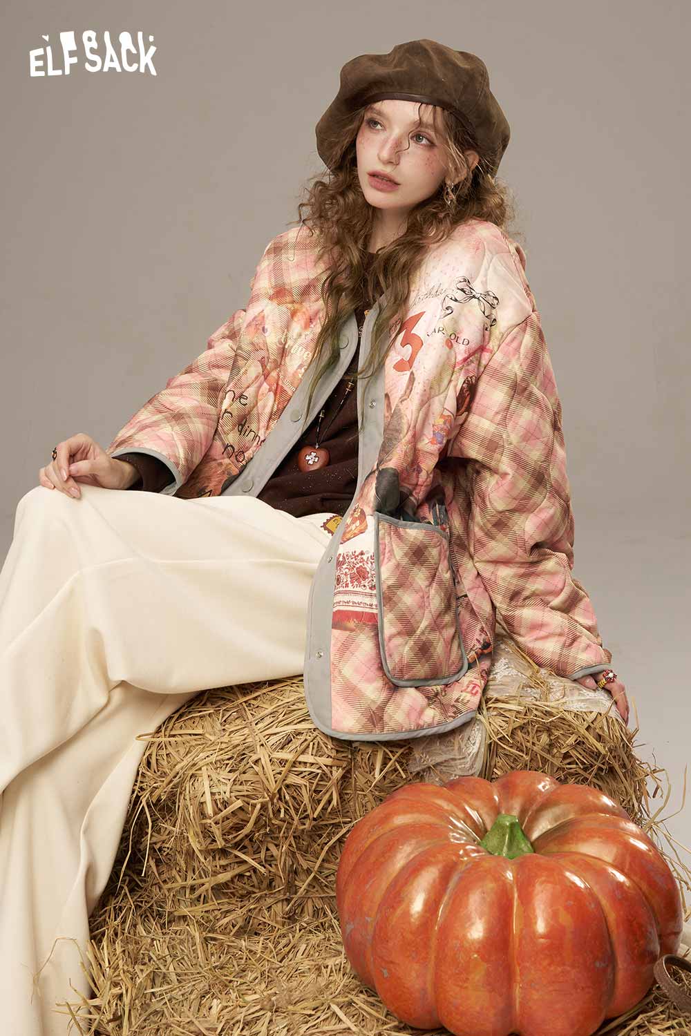 ELFSACK women's printed cotton jacket featuring a stylish plaid design and vibrant illustrations