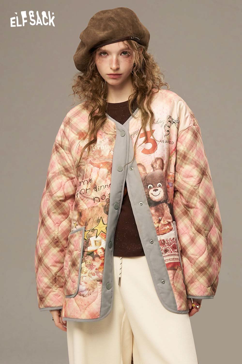 ELFSACK women's printed cotton jacket featuring a cute teddy bear design and cozy quilted texture