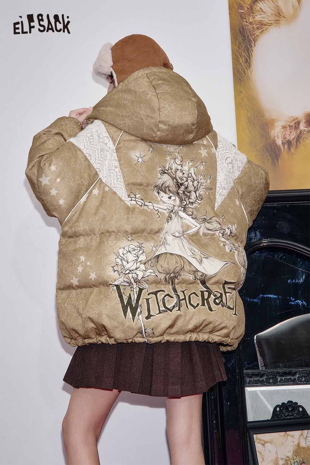 ELFSACK women's printed hooded down jacket with unique graphic design on the back, perfect for stylish warmth