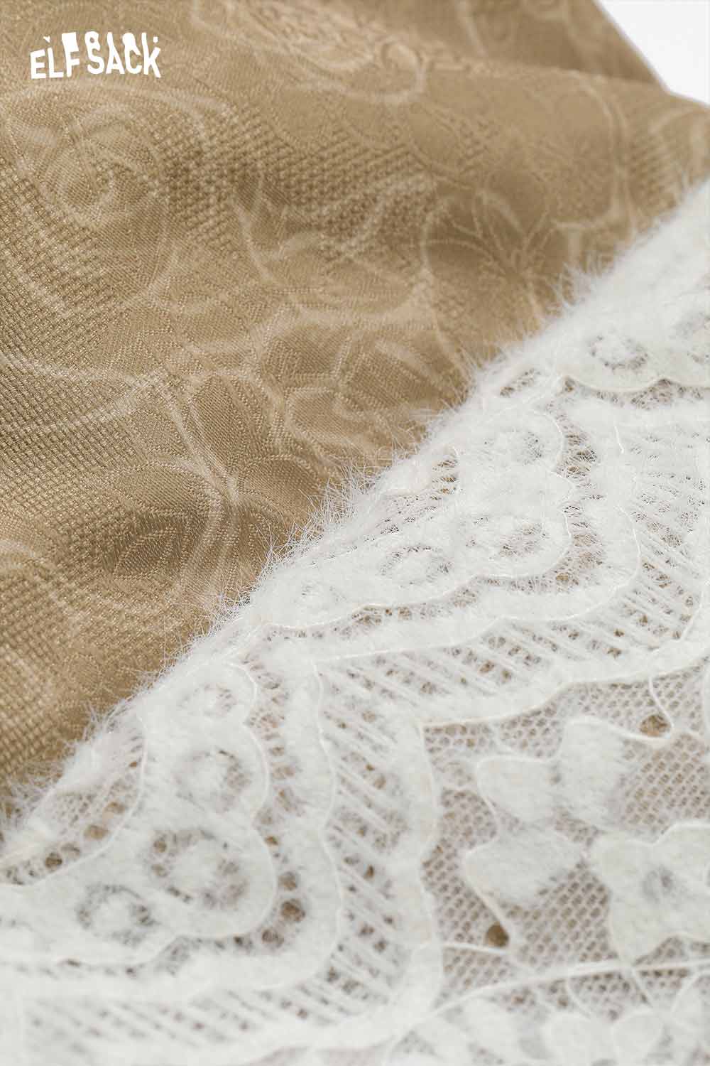 Close-up of ELFSACK women's printed hooded down jacket featuring intricate lace and textured fabric details.