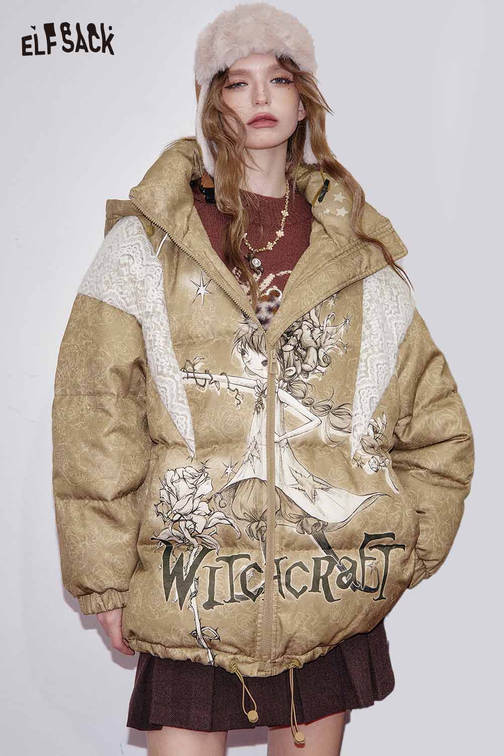 ELFSACK women's printed hooded down jacket with unique floral graphic design for stylish winter warmth