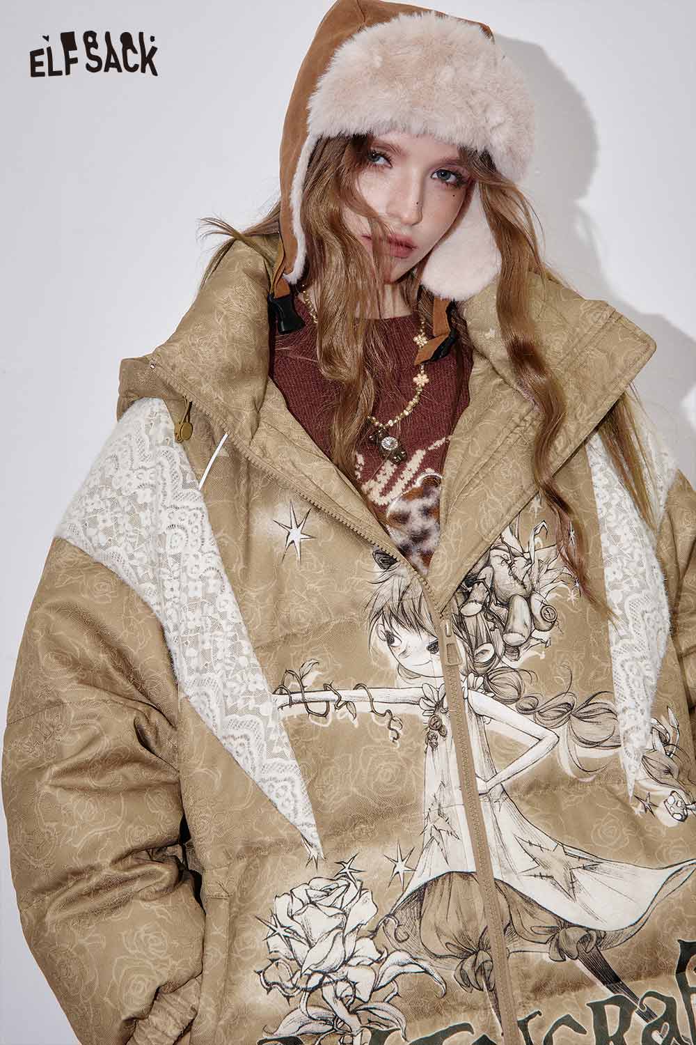 ELFSACK women's printed hooded down jacket in beige with artistic design and plush collar for winter warmth