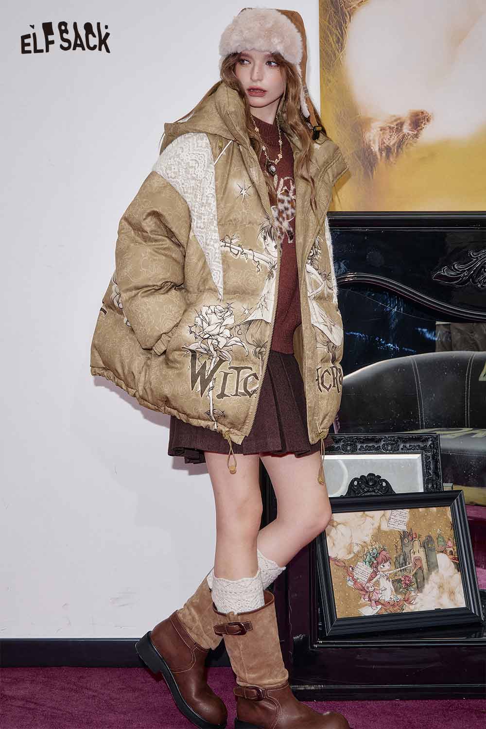 ELFSACK women's printed hooded down jacket in beige with artistic designs, perfect for stylish winter wear
