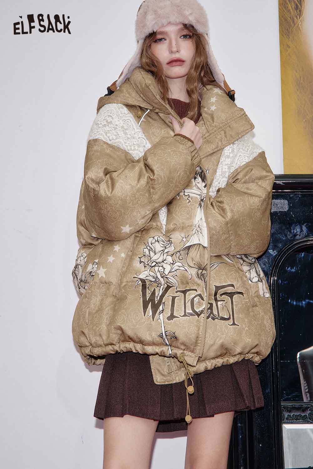 ELFSACK women's printed hooded down jacket in beige with floral and star designs for winter style
