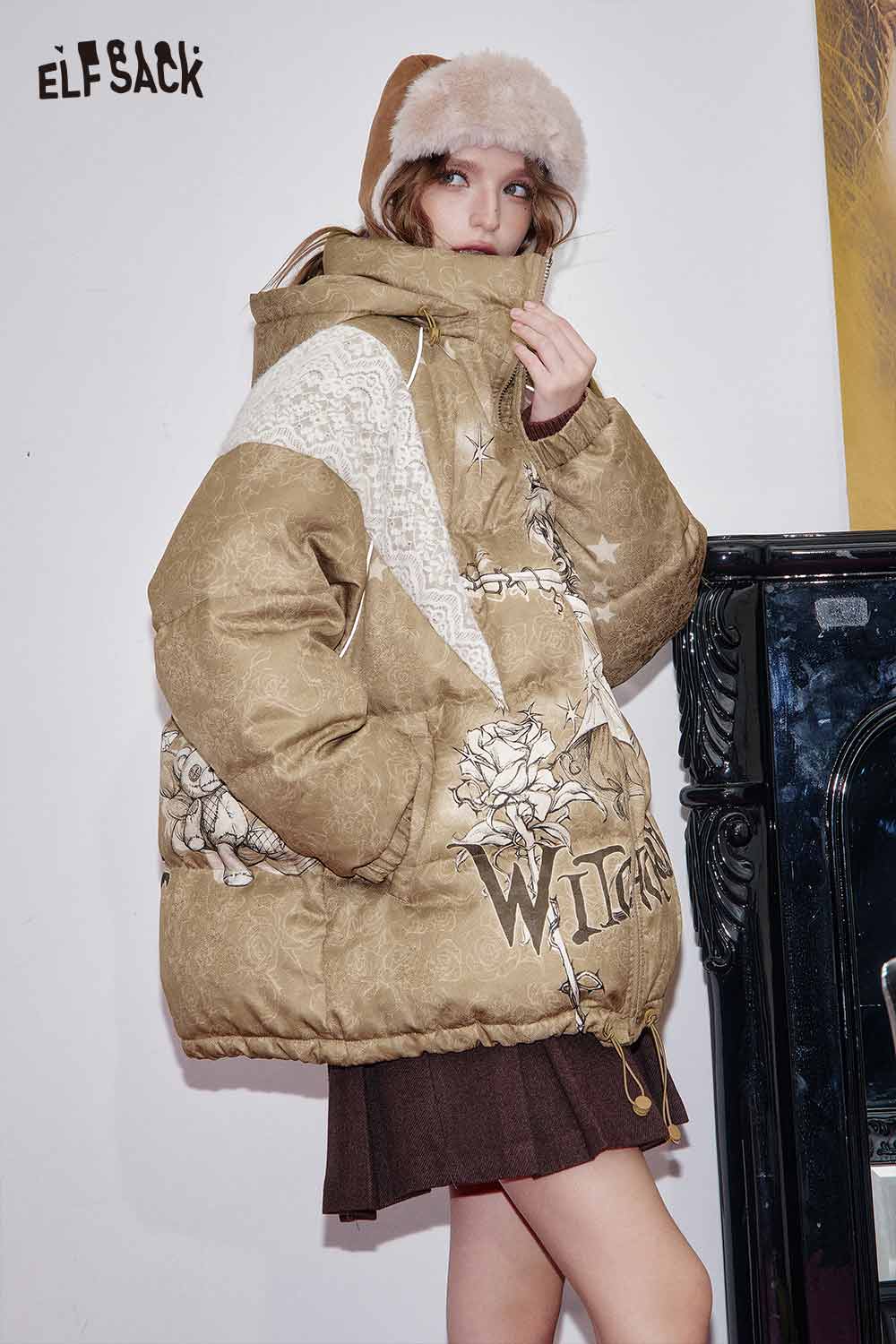 ELFSACK women's printed hooded down jacket with unique floral design and oversized fit for winter warmth