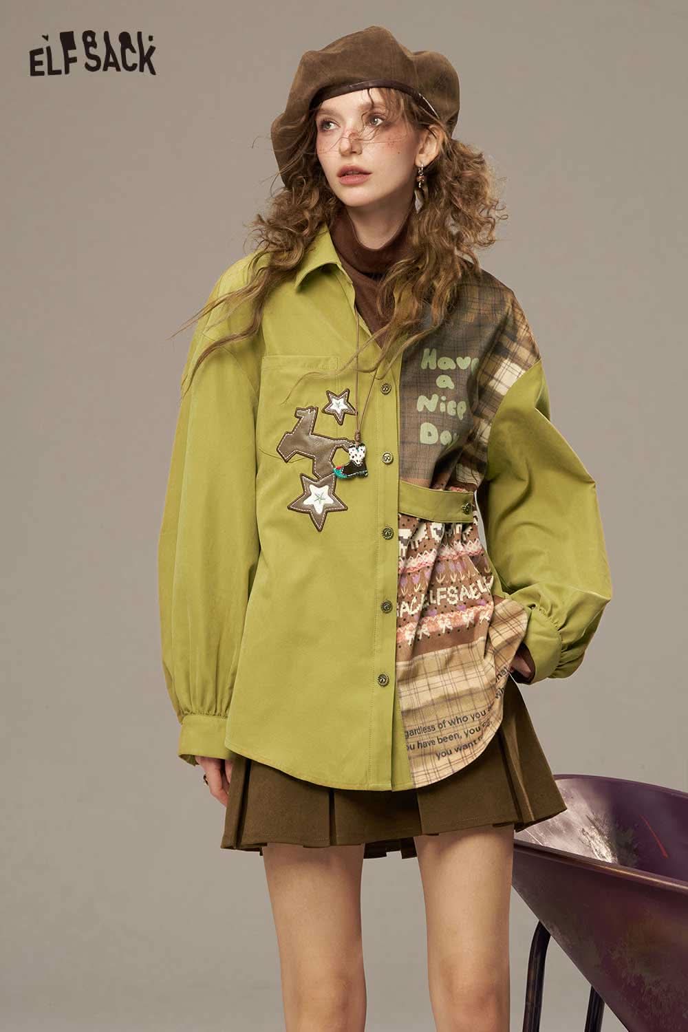 ELFSACK women's printed lantern sleeve shirt in green with unique design and playful graphic details