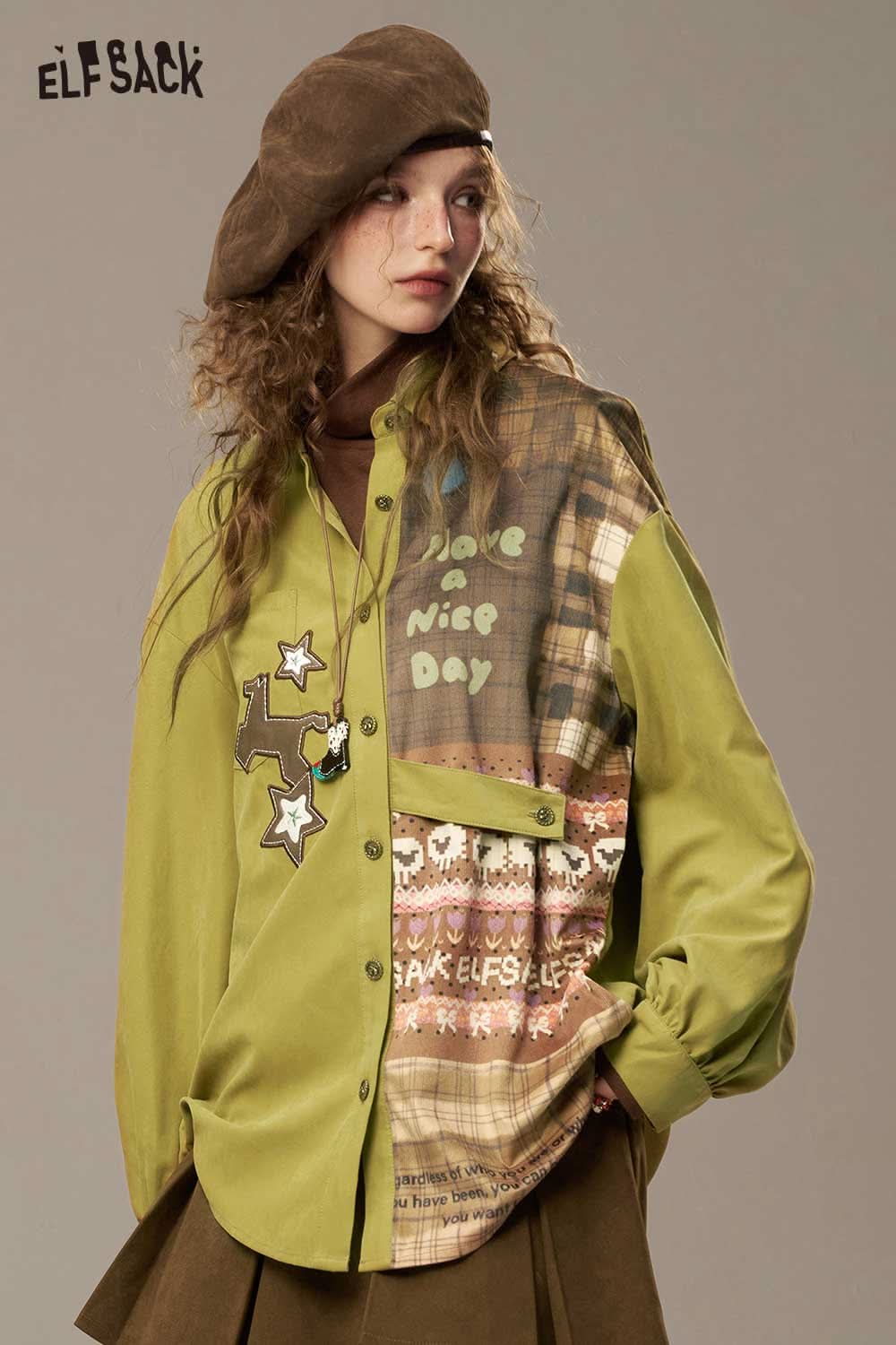 ELFSACK women's printed lantern sleeve shirt with colorful patterns and relaxed fit for casual style