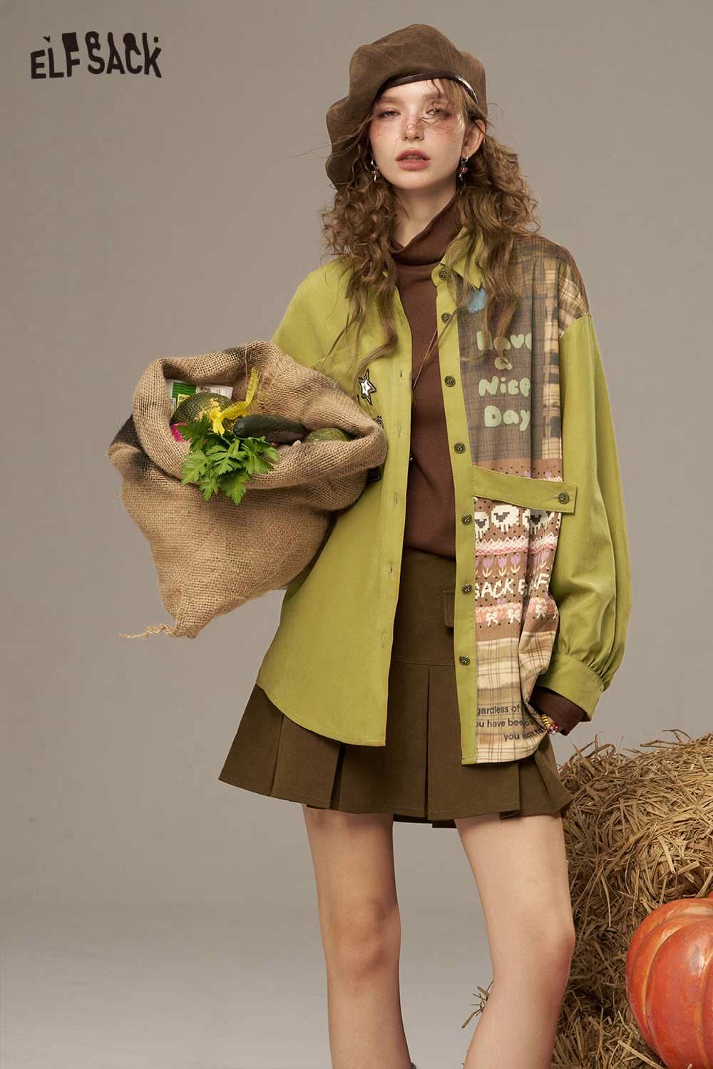 ELFSACK women's printed lantern sleeve shirt in green with graphic design and stylish fit