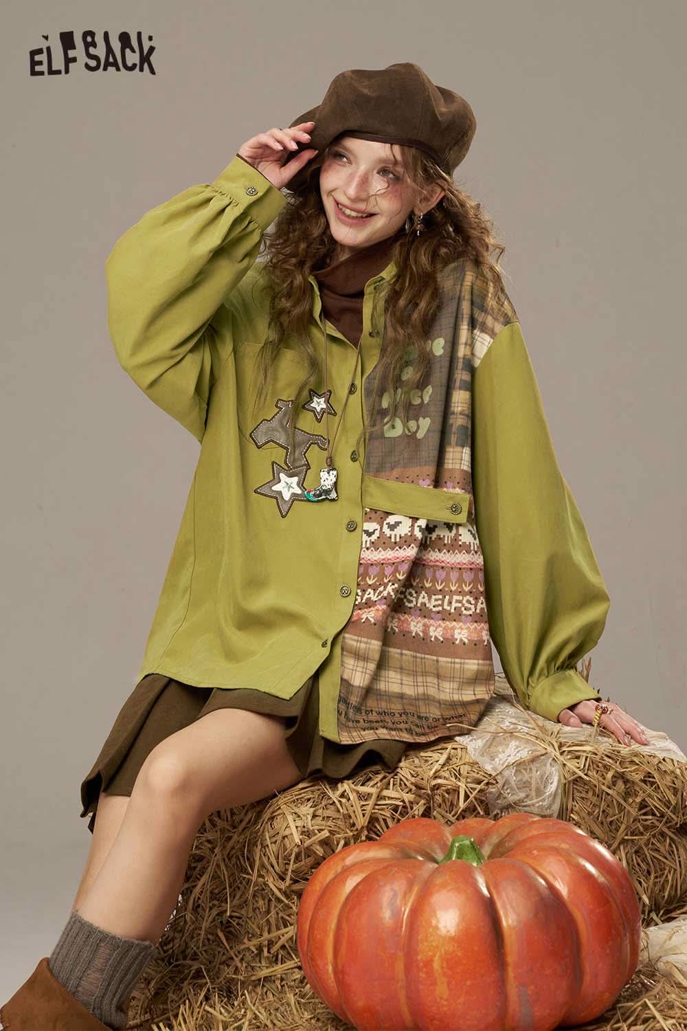 ELFSACK women's printed lantern sleeve shirt in green with playful designs and relaxed fit