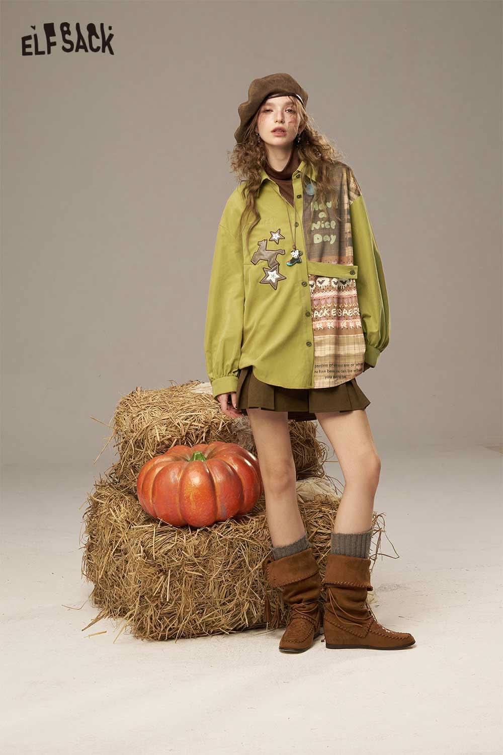 ELFSACK women's printed lantern sleeve shirt in green with unique patterns and cozy style
