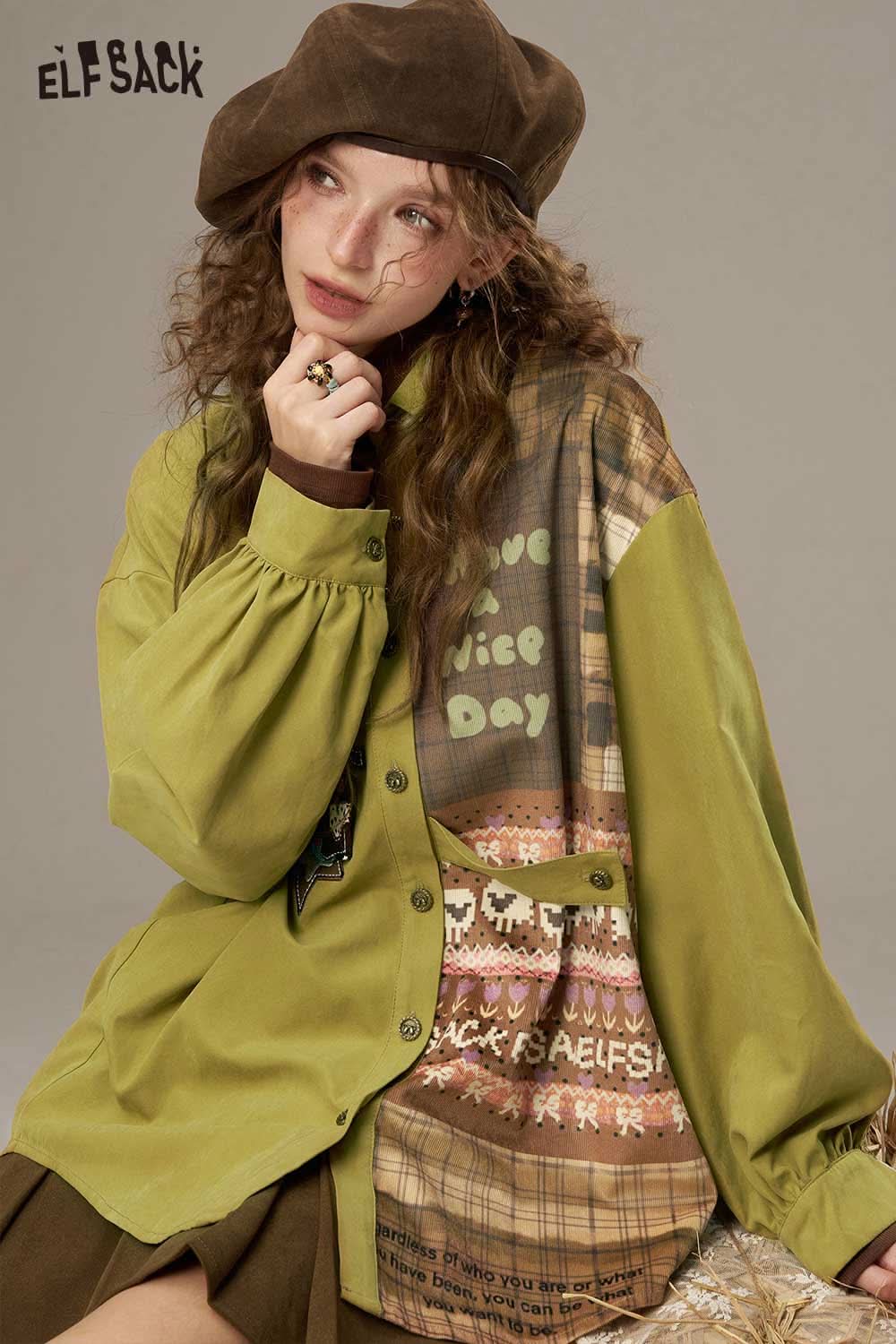 ELFSACK women's printed lantern sleeve shirt in green with a trendy patchwork design