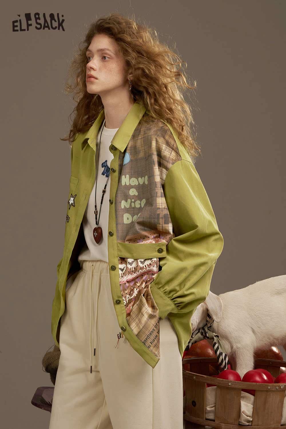 ELFSACK women's printed lantern sleeve shirt with colorful designs and relaxed fit for casual style